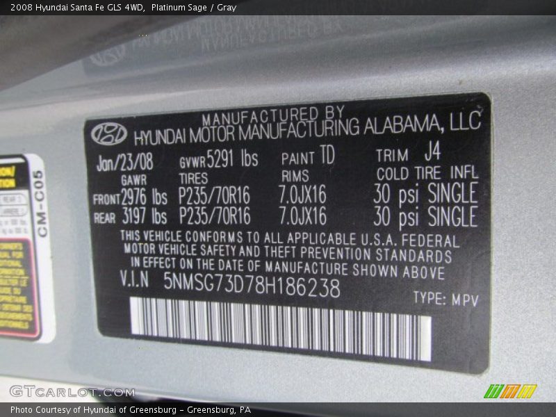 Platinum Sage / Gray 2008 Hyundai Santa Fe GLS 4WD