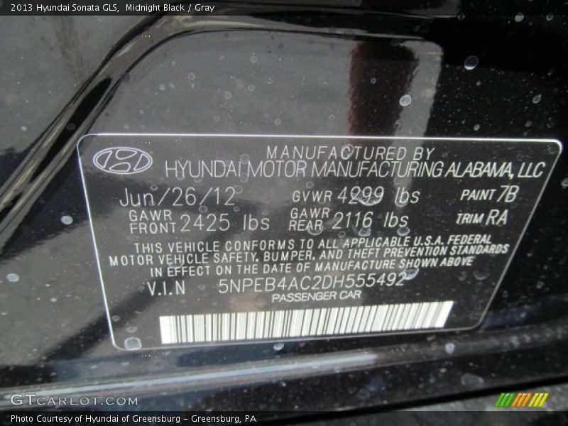 2013 Sonata GLS Midnight Black Color Code 7B