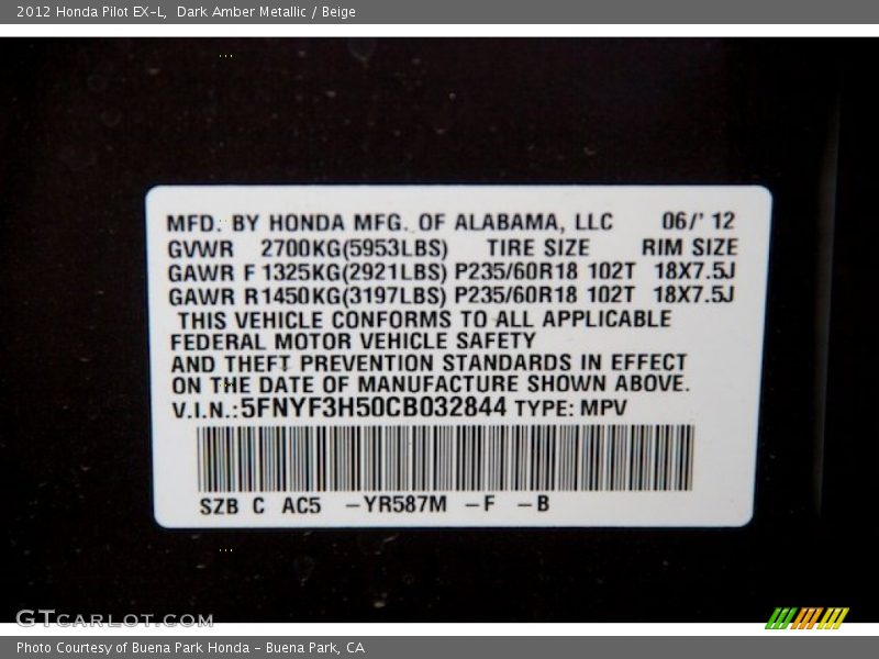 Dark Amber Metallic / Beige 2012 Honda Pilot EX-L