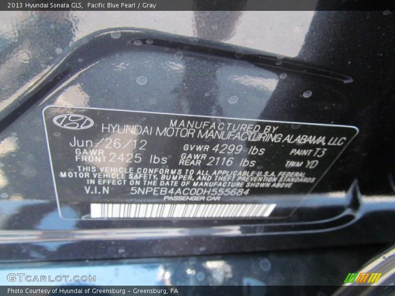 Pacific Blue Pearl / Gray 2013 Hyundai Sonata GLS
