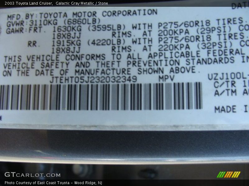 Galactic Gray Metallic / Stone 2003 Toyota Land Cruiser