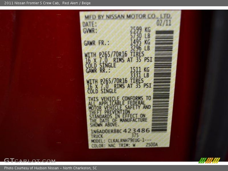 Red Alert / Beige 2011 Nissan Frontier S Crew Cab