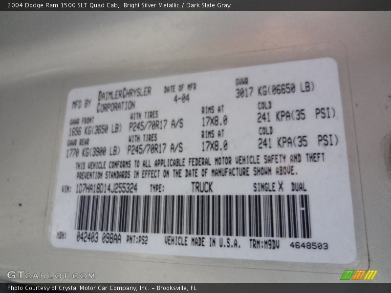 Bright Silver Metallic / Dark Slate Gray 2004 Dodge Ram 1500 SLT Quad Cab