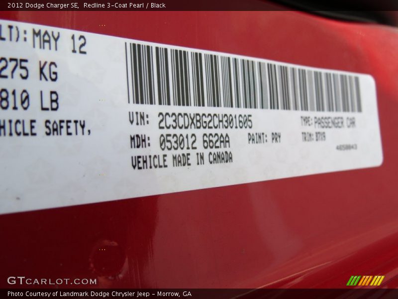 Redline 3-Coat Pearl / Black 2012 Dodge Charger SE