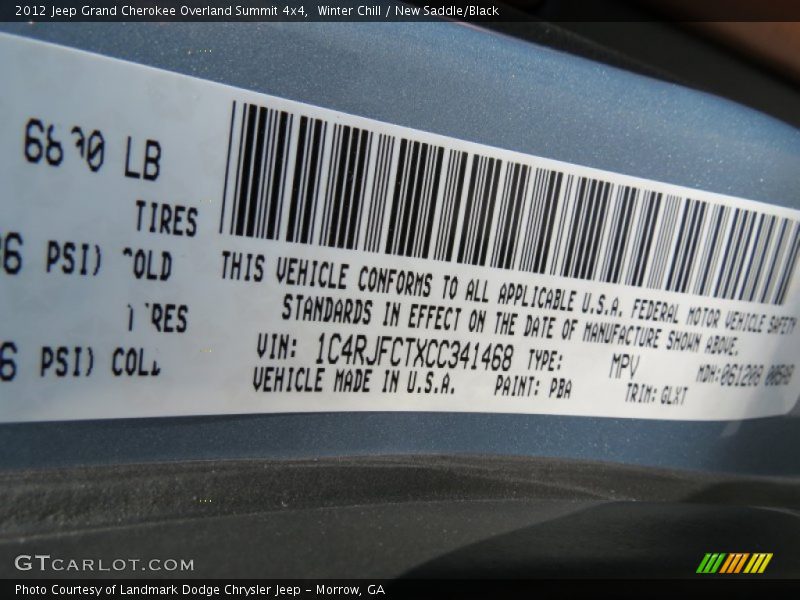 2012 Grand Cherokee Overland Summit 4x4 Winter Chill Color Code PBA