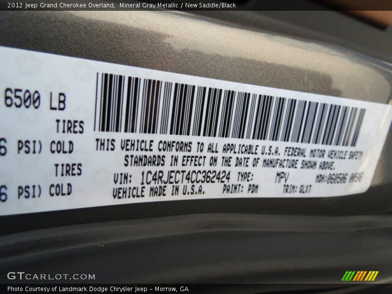 2012 Grand Cherokee Overland Mineral Gray Metallic Color Code PDM