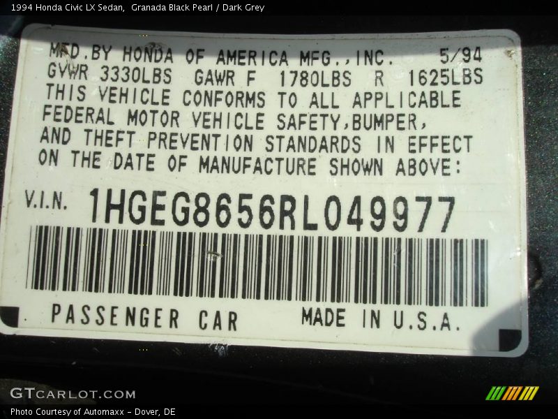 Granada Black Pearl / Dark Grey 1994 Honda Civic LX Sedan