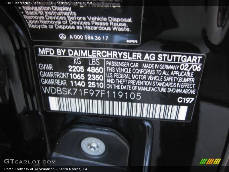 Black / Java 2007 Mercedes-Benz SL 550 Roadster