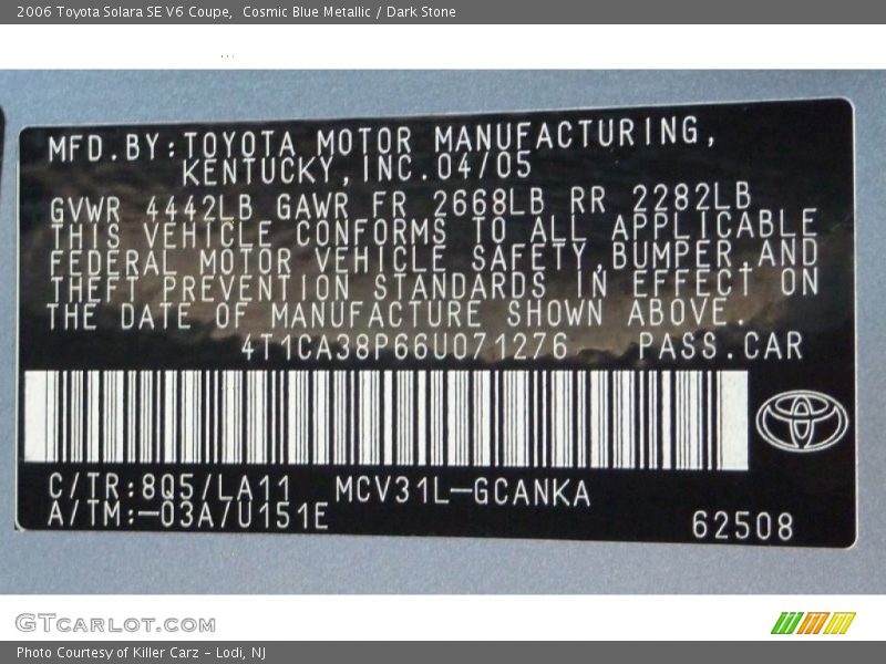 2006 Solara SE V6 Coupe Cosmic Blue Metallic Color Code 8Q5