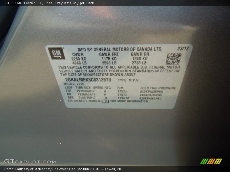 Steel Gray Metallic / Jet Black 2012 GMC Terrain SLE