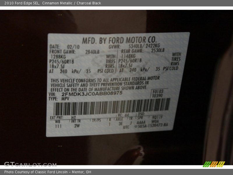 Cinnamon Metallic / Charcoal Black 2010 Ford Edge SEL