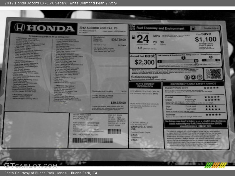 White Diamond Pearl / Ivory 2012 Honda Accord EX-L V6 Sedan
