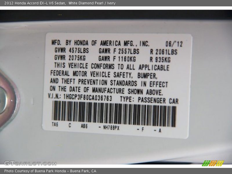White Diamond Pearl / Ivory 2012 Honda Accord EX-L V6 Sedan
