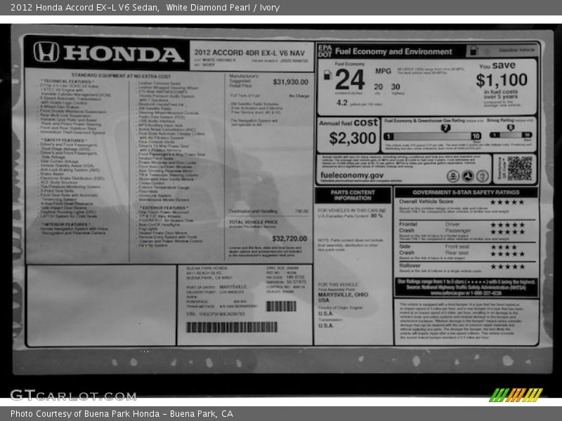 White Diamond Pearl / Ivory 2012 Honda Accord EX-L V6 Sedan