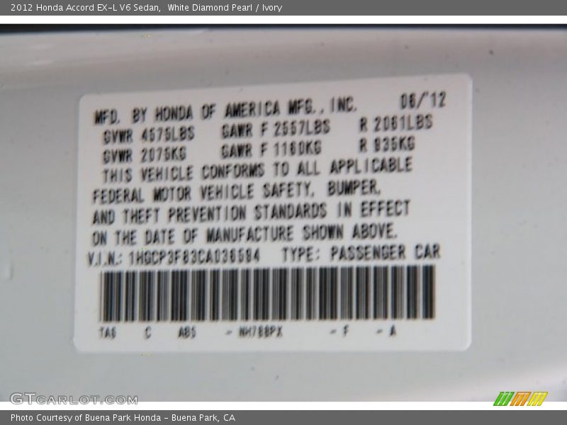 White Diamond Pearl / Ivory 2012 Honda Accord EX-L V6 Sedan