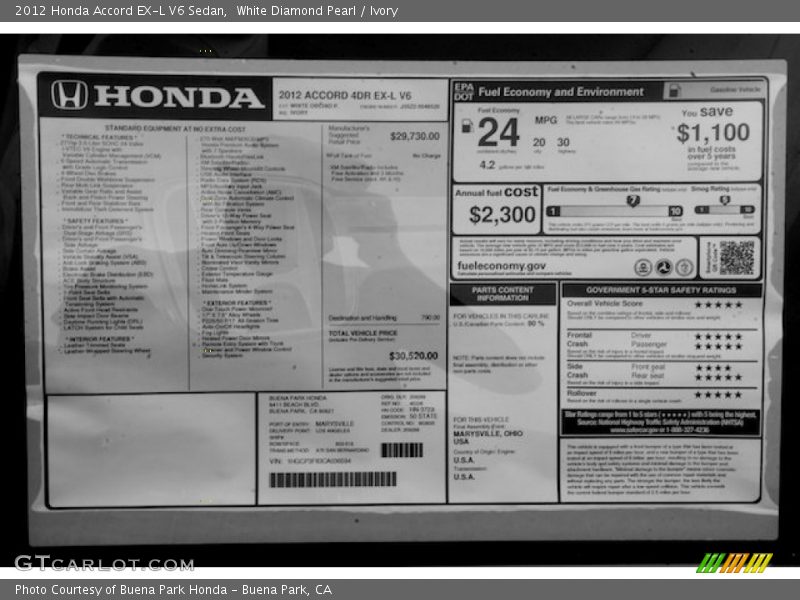 White Diamond Pearl / Ivory 2012 Honda Accord EX-L V6 Sedan