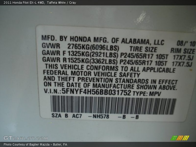 Taffeta White / Gray 2011 Honda Pilot EX-L 4WD