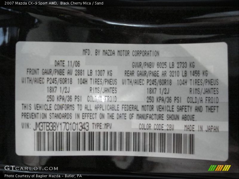 2007 CX-9 Sport AWD Black Cherry Mica Color Code 28W