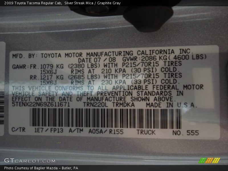 Silver Streak Mica / Graphite Gray 2009 Toyota Tacoma Regular Cab