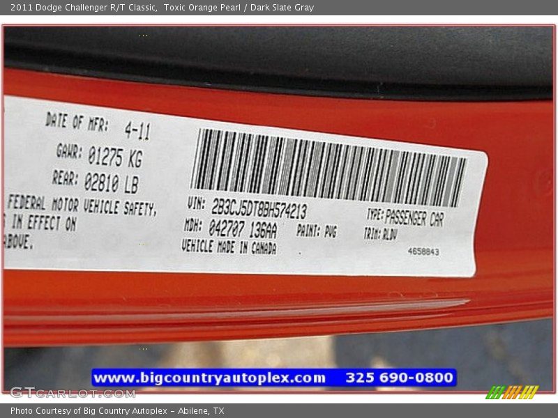 Toxic Orange Pearl / Dark Slate Gray 2011 Dodge Challenger R/T Classic