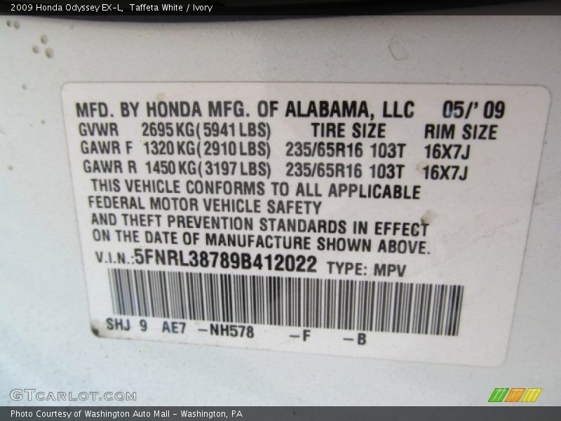 Taffeta White / Ivory 2009 Honda Odyssey EX-L
