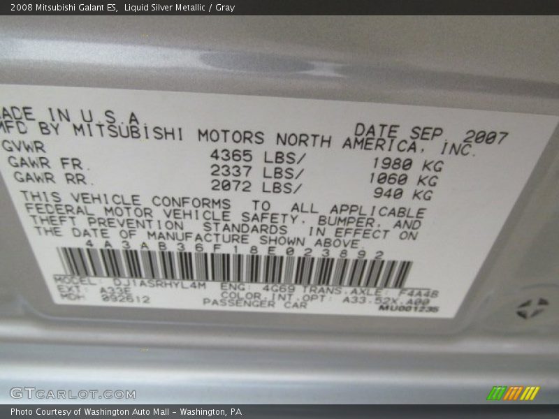 Liquid Silver Metallic / Gray 2008 Mitsubishi Galant ES