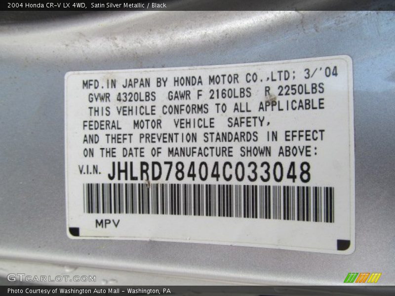 Satin Silver Metallic / Black 2004 Honda CR-V LX 4WD