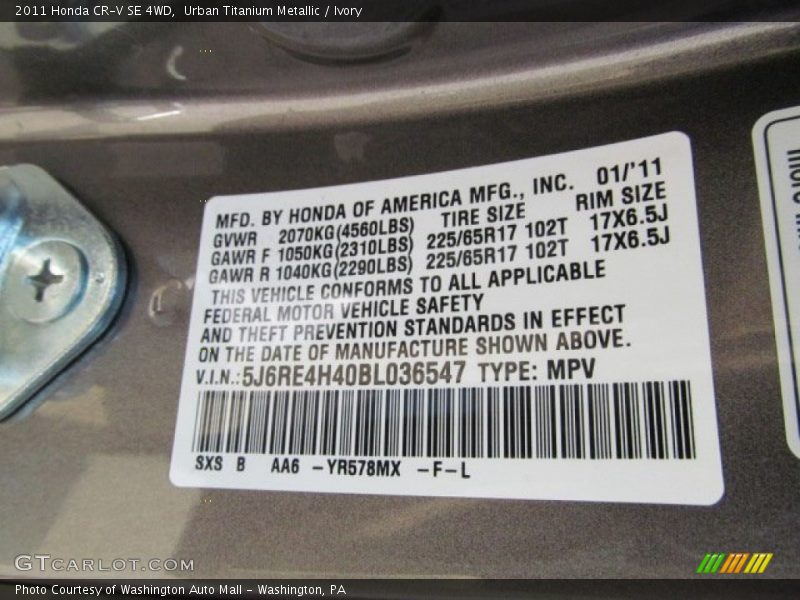 Urban Titanium Metallic / Ivory 2011 Honda CR-V SE 4WD