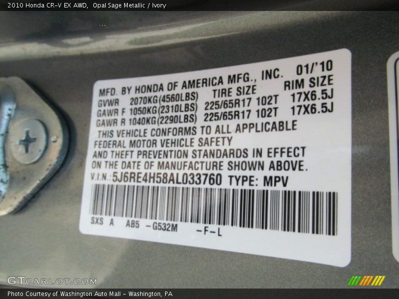 Opal Sage Metallic / Ivory 2010 Honda CR-V EX AWD