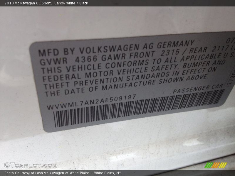 Candy White / Black 2010 Volkswagen CC Sport