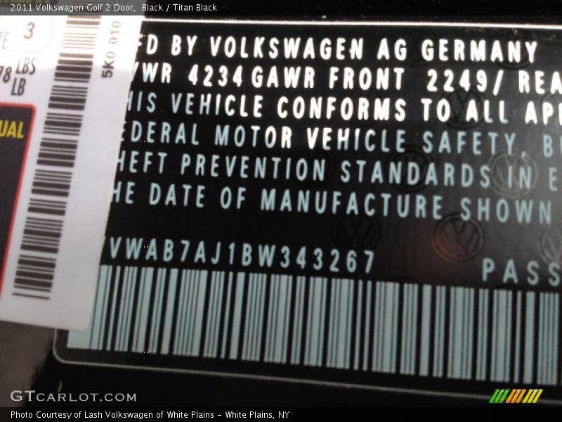 Black / Titan Black 2011 Volkswagen Golf 2 Door