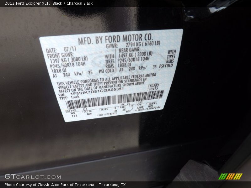 Black / Charcoal Black 2012 Ford Explorer XLT