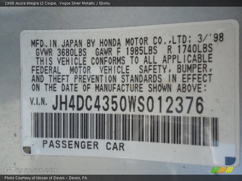 Info Tag of 1998 Integra LS Coupe