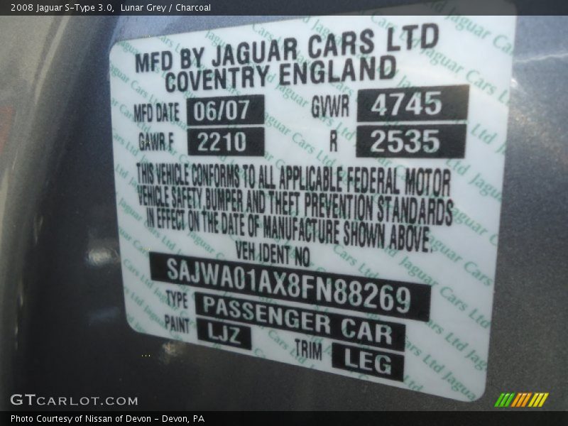 2008 S-Type 3.0 Lunar Grey Color Code LJZ