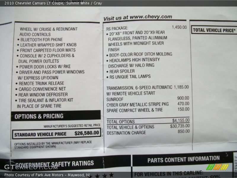 Summit White / Gray 2010 Chevrolet Camaro LT Coupe