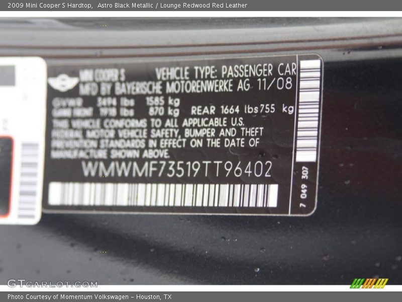 Astro Black Metallic / Lounge Redwood Red Leather 2009 Mini Cooper S Hardtop
