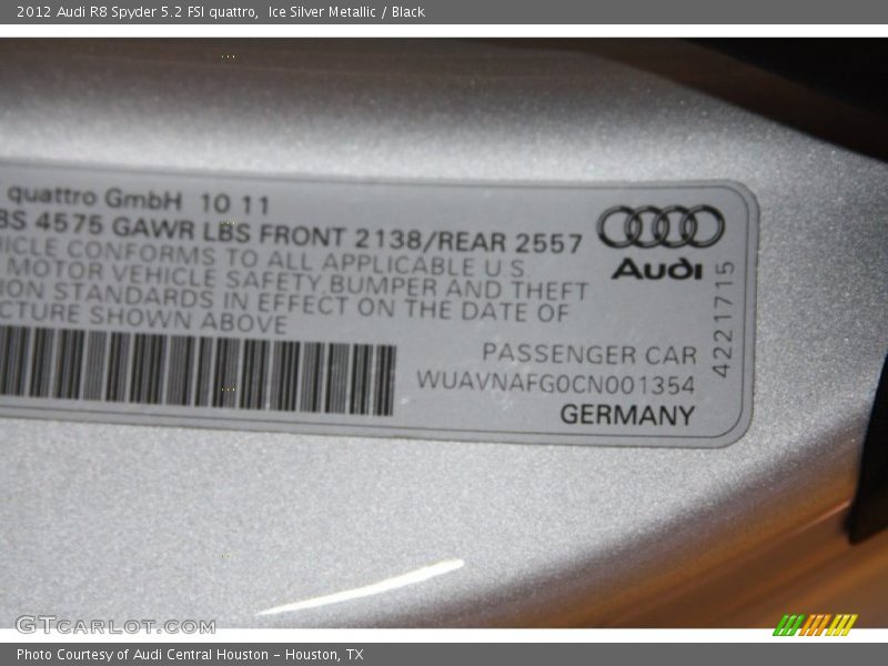 Info Tag of 2012 R8 Spyder 5.2 FSI quattro