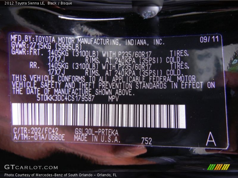 Black / Bisque 2012 Toyota Sienna LE