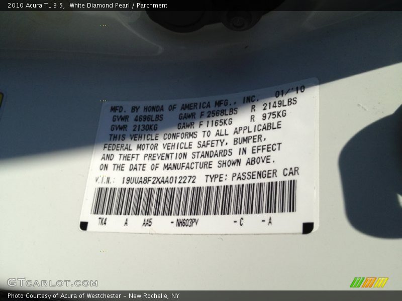 White Diamond Pearl / Parchment 2010 Acura TL 3.5