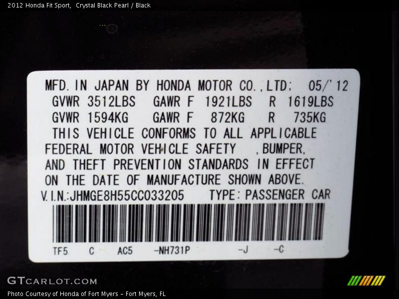 Crystal Black Pearl / Black 2012 Honda Fit Sport