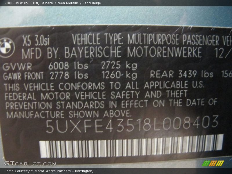 Mineral Green Metallic / Sand Beige 2008 BMW X5 3.0si