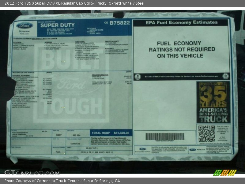  2012 F350 Super Duty XL Regular Cab Utility Truck Window Sticker
