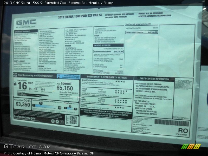  2013 Sierra 1500 SL Extended Cab Window Sticker