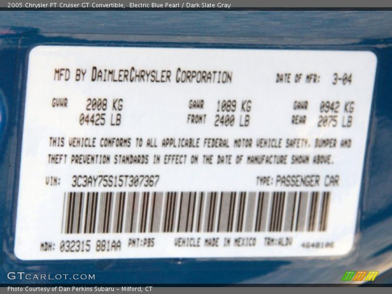 Electric Blue Pearl / Dark Slate Gray 2005 Chrysler PT Cruiser GT Convertible