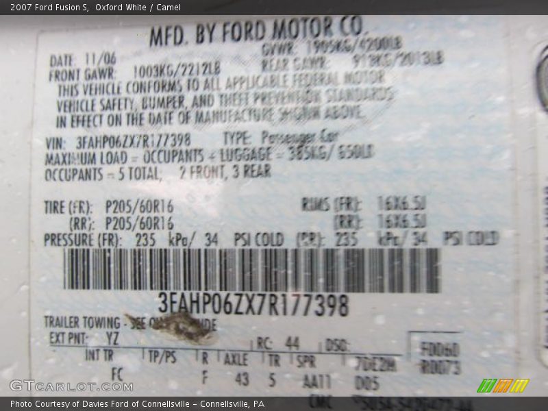 Oxford White / Camel 2007 Ford Fusion S
