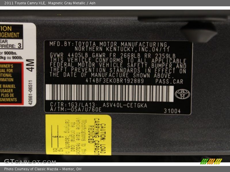 Magnetic Gray Metallic / Ash 2011 Toyota Camry XLE