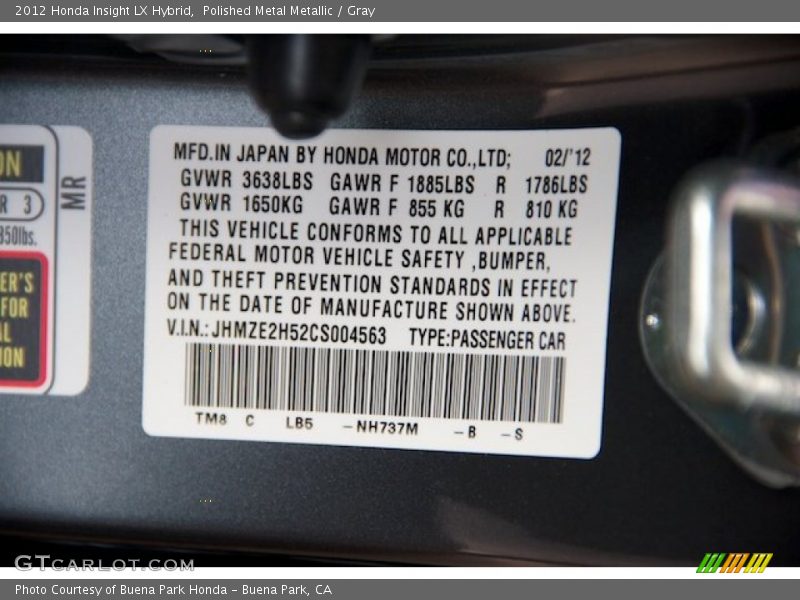 2012 Insight LX Hybrid Polished Metal Metallic Color Code NH737M