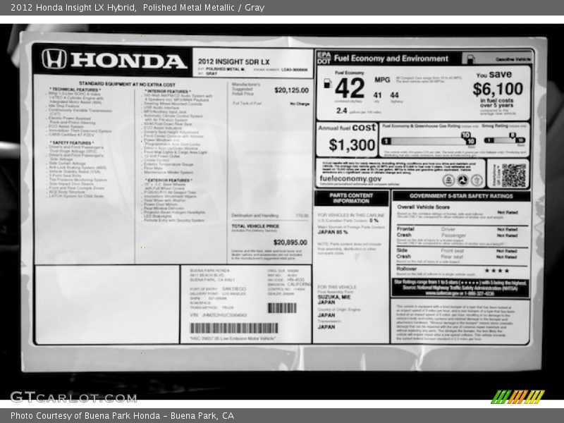  2012 Insight LX Hybrid Window Sticker