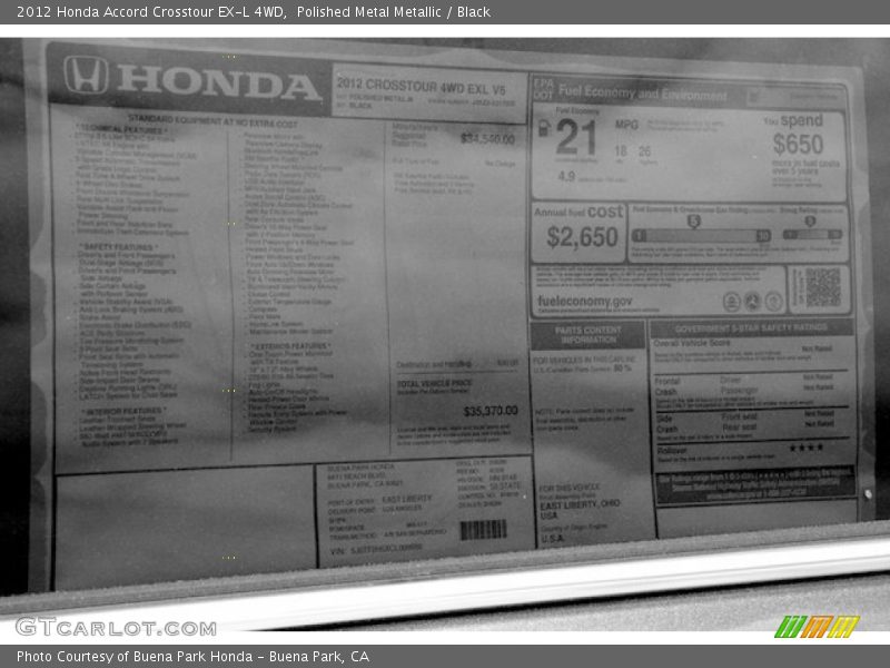 Polished Metal Metallic / Black 2012 Honda Accord Crosstour EX-L 4WD