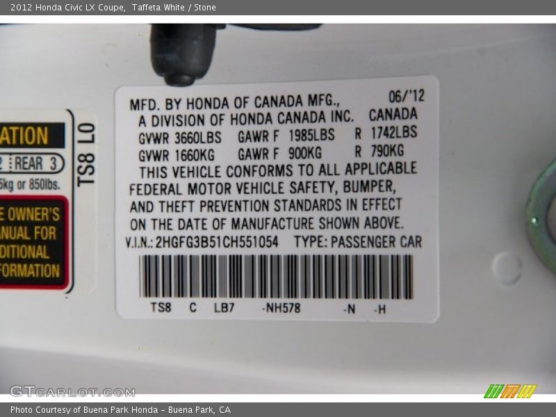 Taffeta White / Stone 2012 Honda Civic LX Coupe